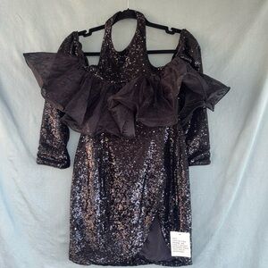 NWOT ASOS LUXE halterneck wire lace shoulder mini dress in black sequin, 4